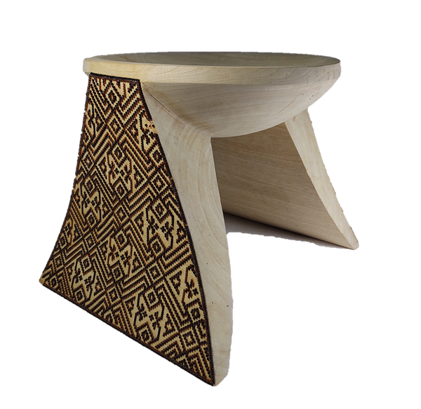 The Thinker Handcrafted Stool in Natural Wood Colors with Chaquira Artwork