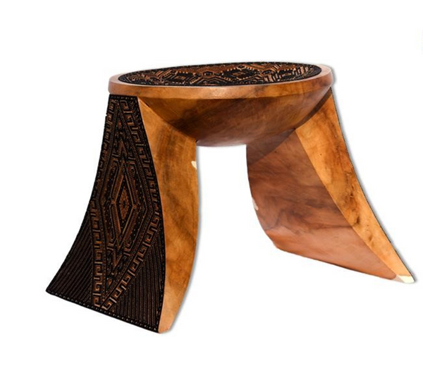 The Thinker Handcrafted Stool in Dark Wood with Chaquira Artwork