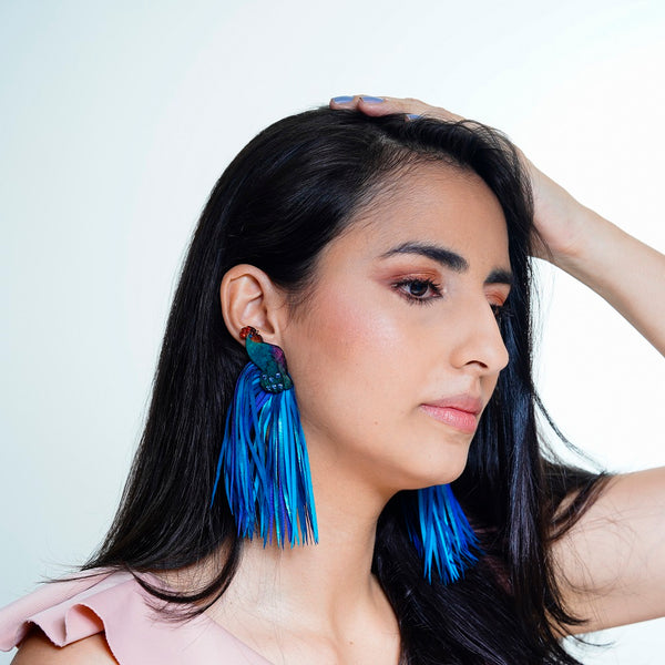 Blue Fabric Rooster Tail Earrings