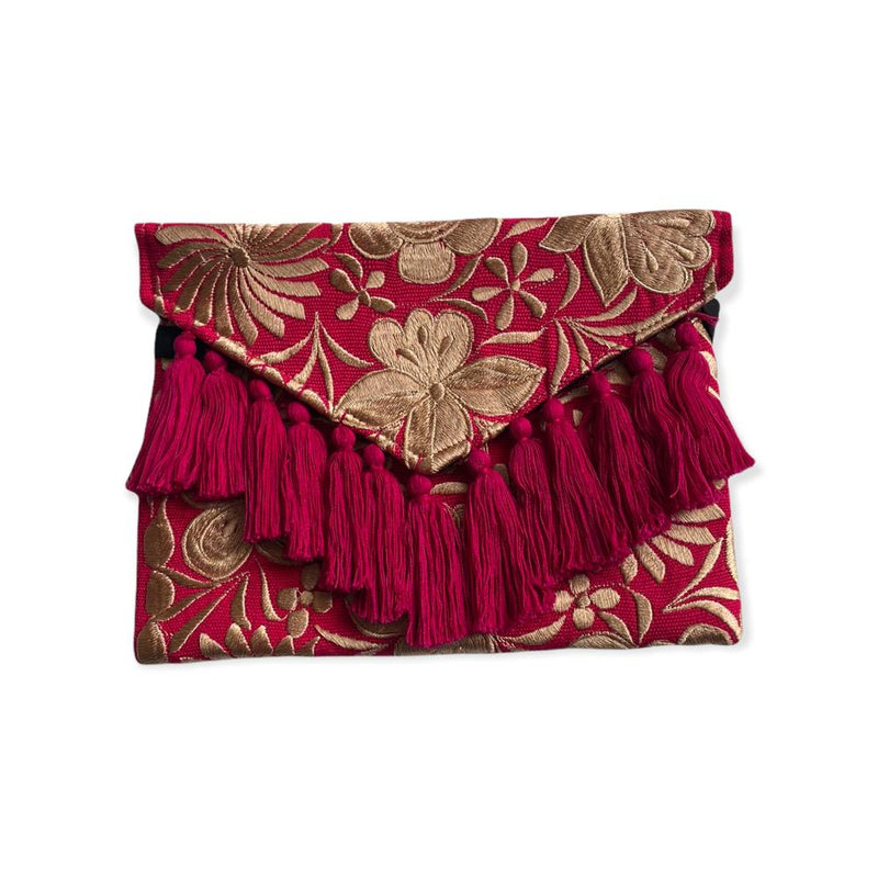 Hand Embroidered Anette Clutch in Burgundy and Ecru