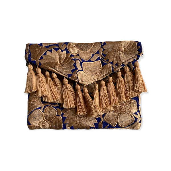 Hand Embroidered Berenice Clutch in Navy Blue and Ecru