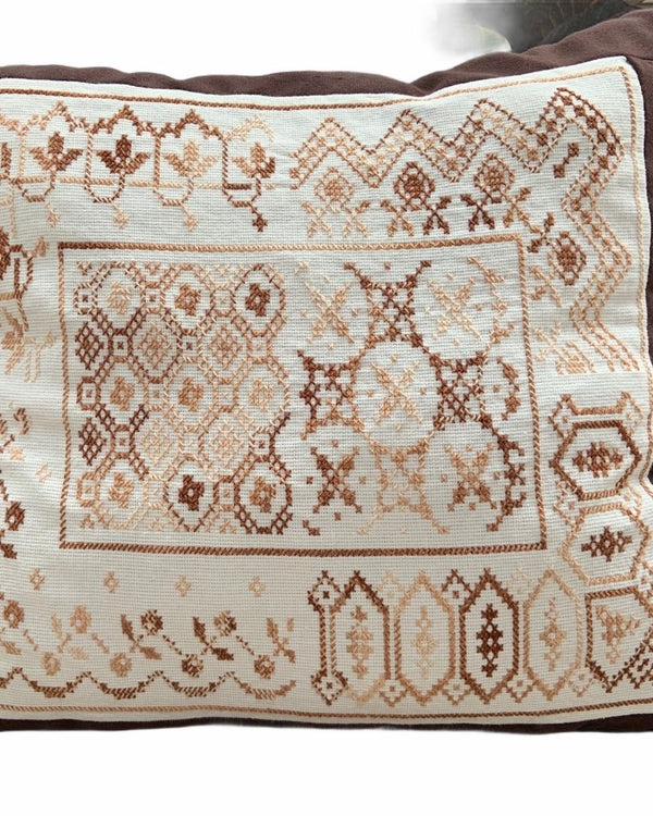 Pillow with Brown Fretwork Embroidered in Cross Stitch