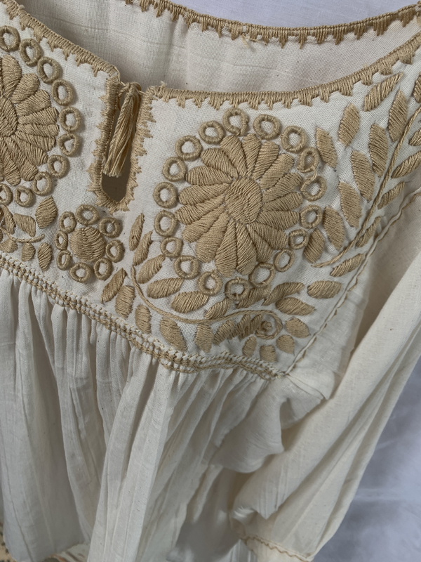 Beige Blouse with Embroidered Flowers