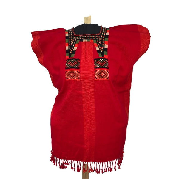 Red Fringed Blouse with Embroidered Collar