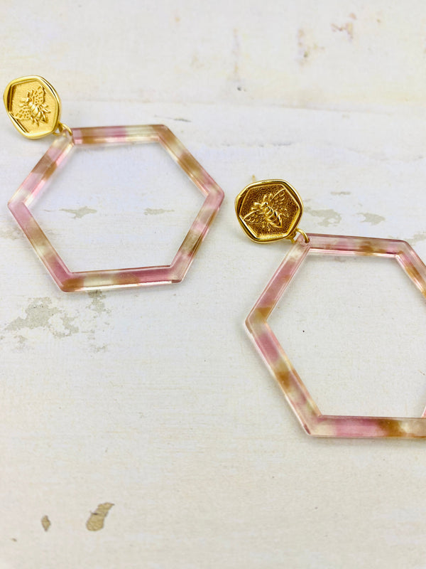 Blush Tortoise Hex and Brass Bee Hoops