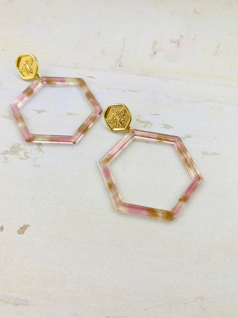 Blush Tortoise Hex and Brass Bee Hoops