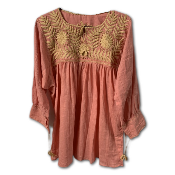 Pink Blouse with Embroidered Flower Designs