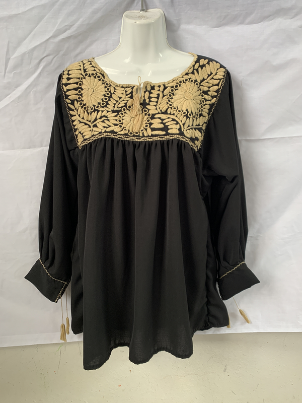 Black Blouse with Beige Flower Designs