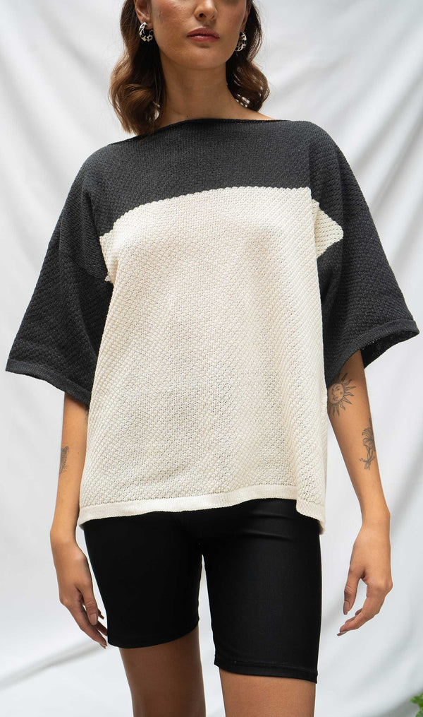 Block Woven T-shirt - Ecru and Dark Gray