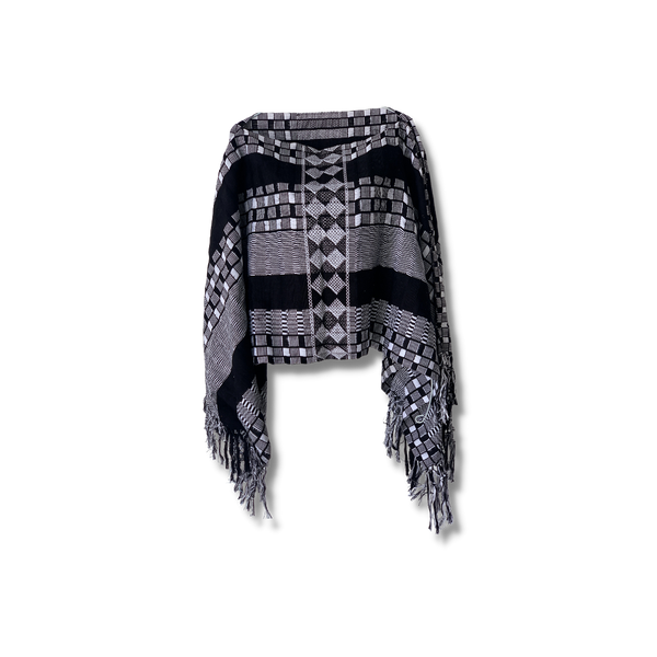 Black and White Frayed Cape with Fringes