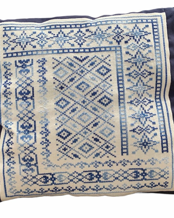 Pillow with Blue Fretwork Embroidered in Cross Stitch