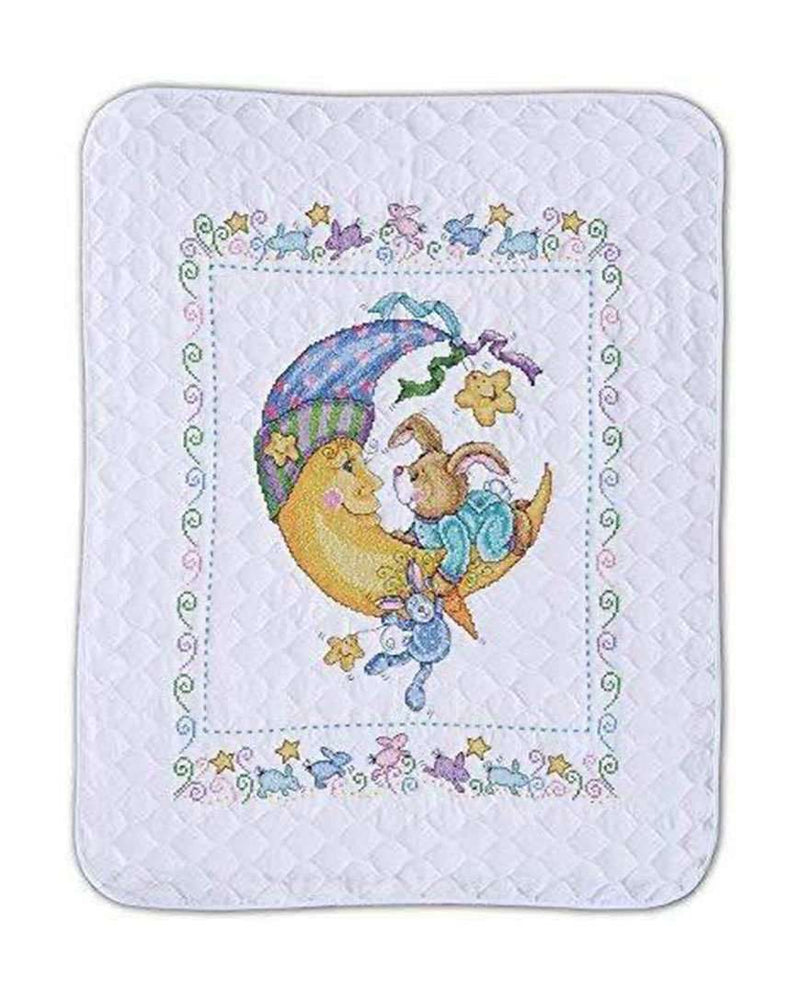 Blanket with Moon and Bunny Embroidered in Cross Stitch