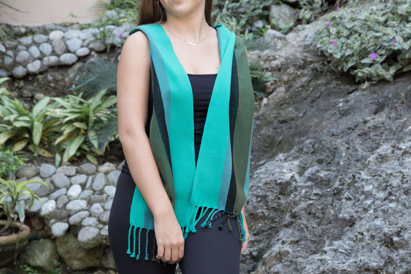 Green & Blue Scarf Hand-Woven in Loom