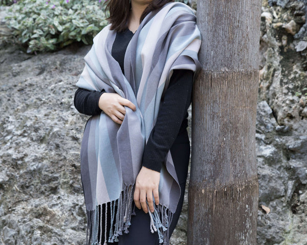 Light grey, Dark Grey, Light Brown & Blue Shawl Hand-Woven in Loom