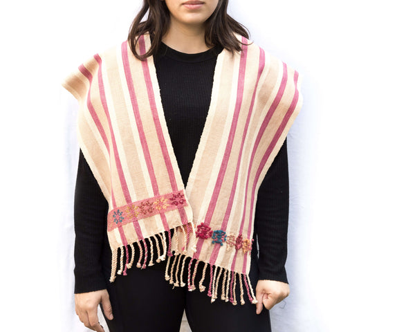 Light Brown, Beige & Wine Scarf Hand-Woven in Loom