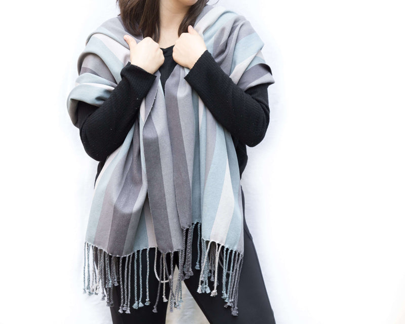 Light grey, Dark Grey, Light Brown & Blue Shawl Hand-Woven in Loom