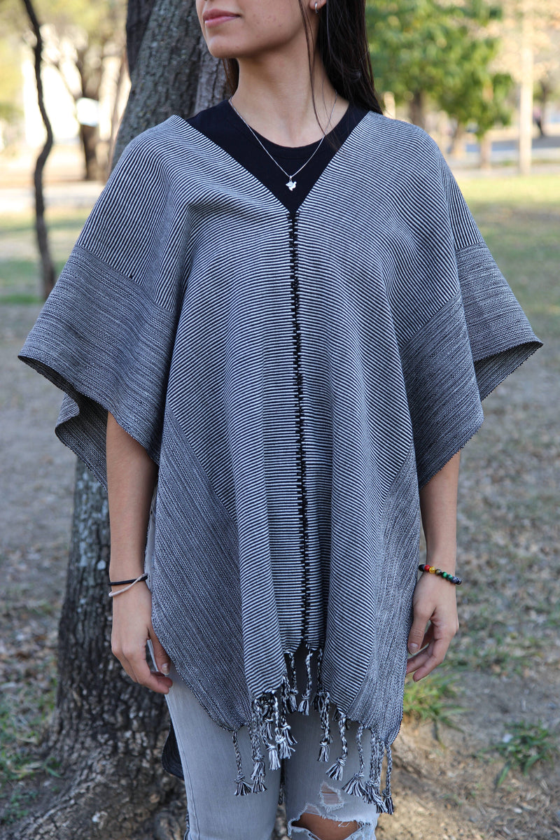 Black, Pearl Colored Poncho Hand-Woven in Loom