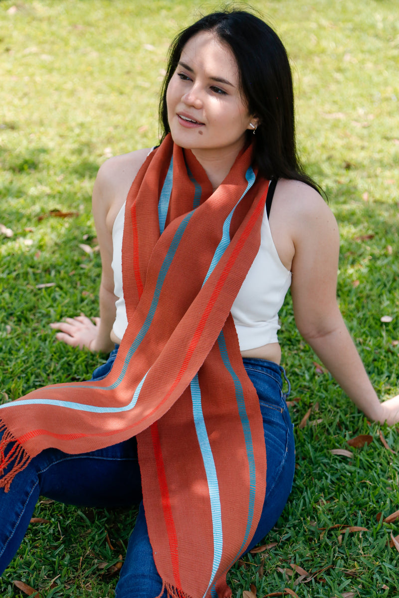 Brown, Blue & Orange Scarf Hand-Woven in Loom