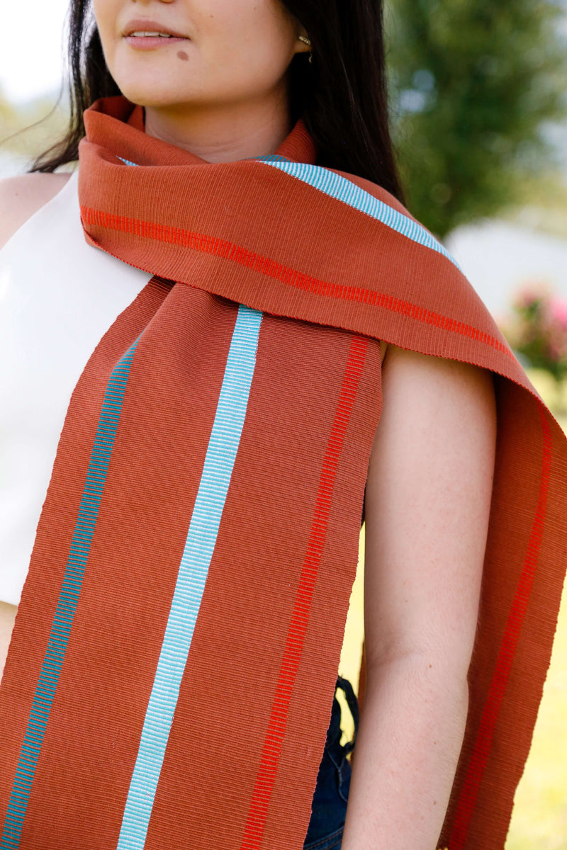 Brown, Blue & Orange Scarf Hand-Woven in Loom