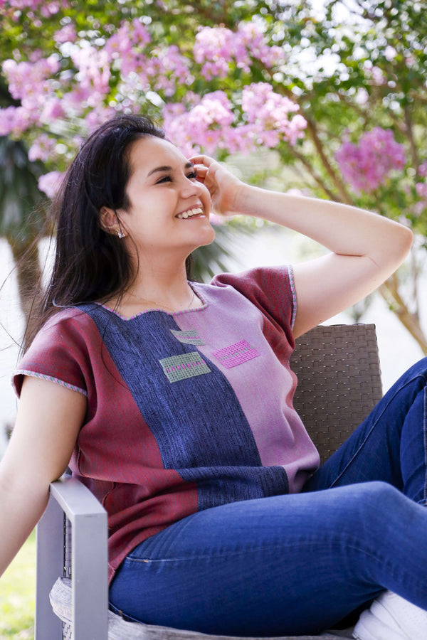 Red & Blue with a Green Design Blouse Hand-Woven in Loom