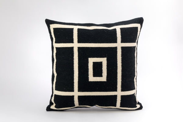 Wool Snow Pillow Cover Hand-Woven in a Treadle in Ivory and Black