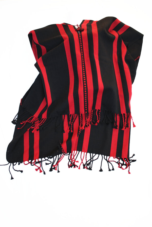 Red & Black Poncho Hand-Woven in Loom