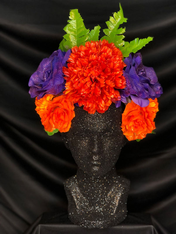 Traditional Catrina Headband with Orange and Purple Flowers