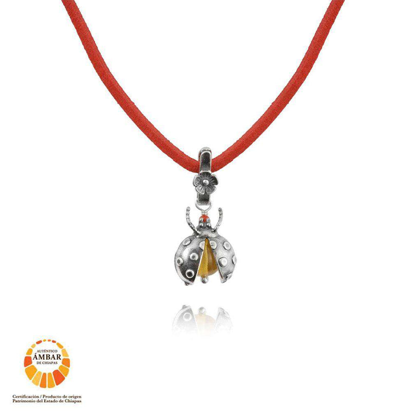 Ladybug Amber Charm in Sterling Silver with Malva Or Loto