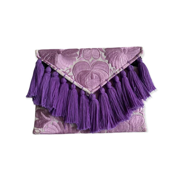 Hand Embroidered Eleanor Clutch in White, Lilac and Purple