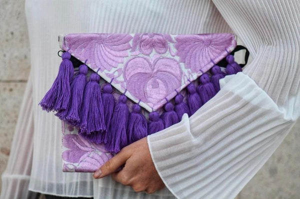 Hand Embroidered Eleanor Clutch in White, Lilac and Purple