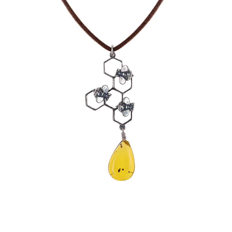 Five-Chamber Beehive Charm in Sterling Silver and Amber