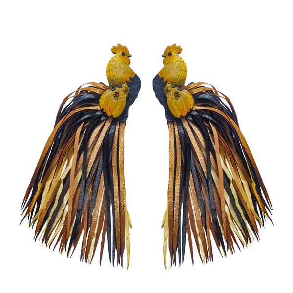 Golden Fabric Tail Rooster Earrings