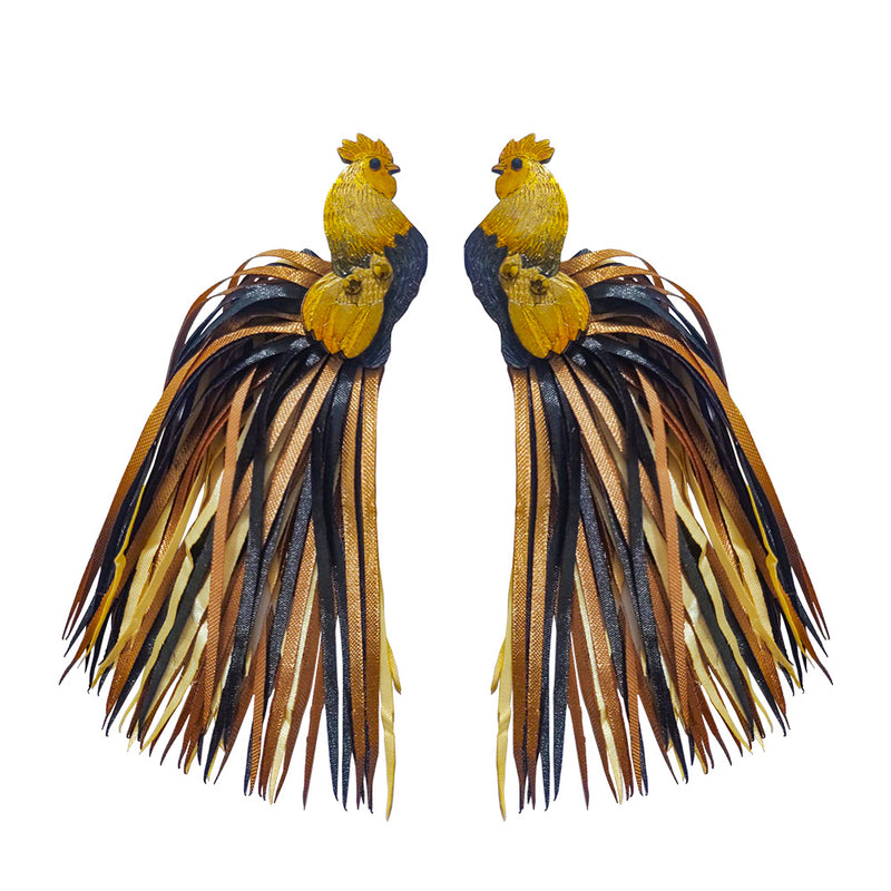 Golden Fabric Tail Rooster Earrings