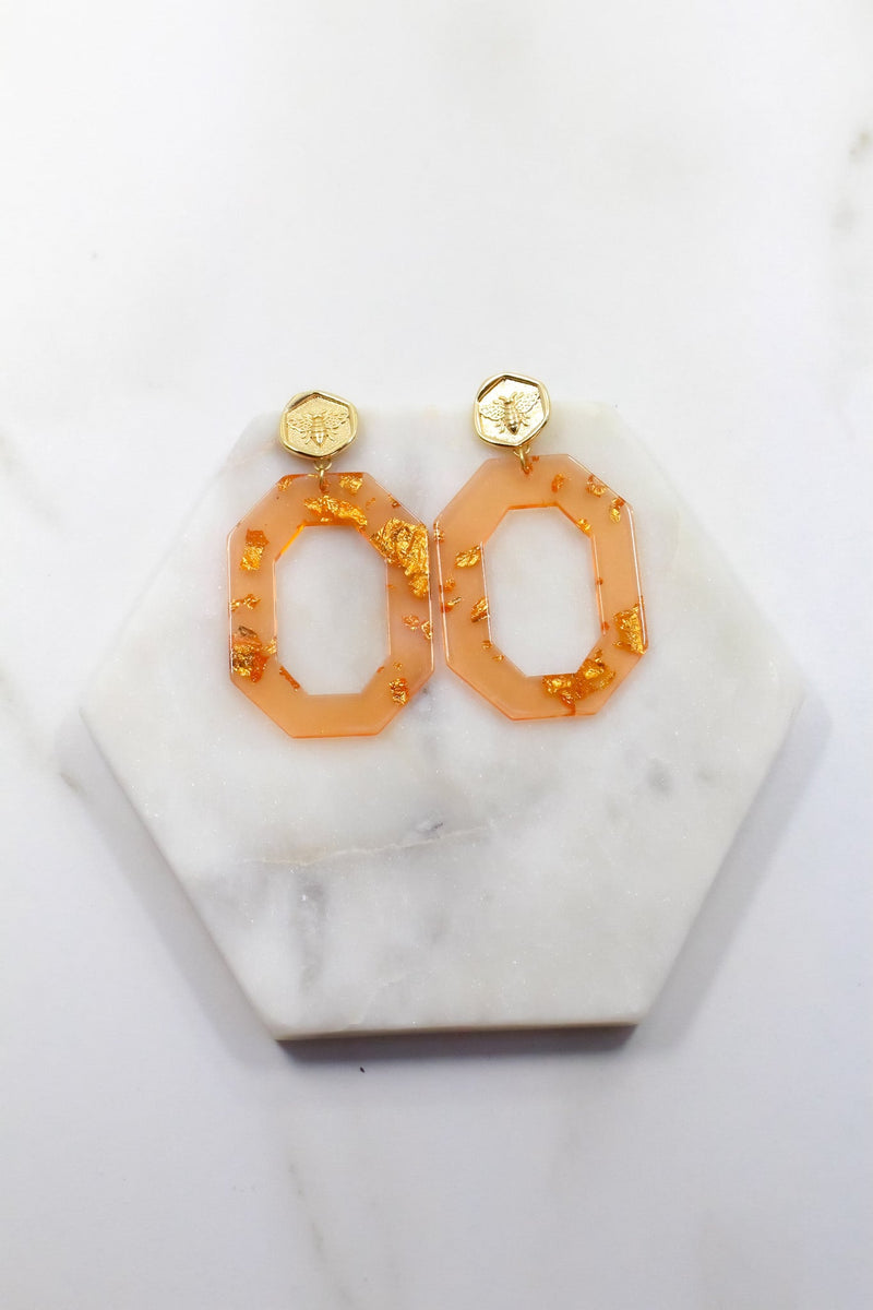 Burnt Orange Confetti Hex and Brass Bee Hoops