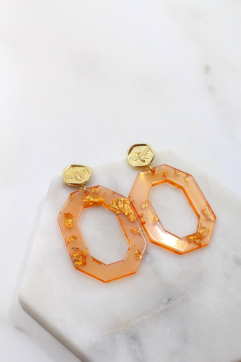 Burnt Orange Confetti Hex and Brass Bee Hoops