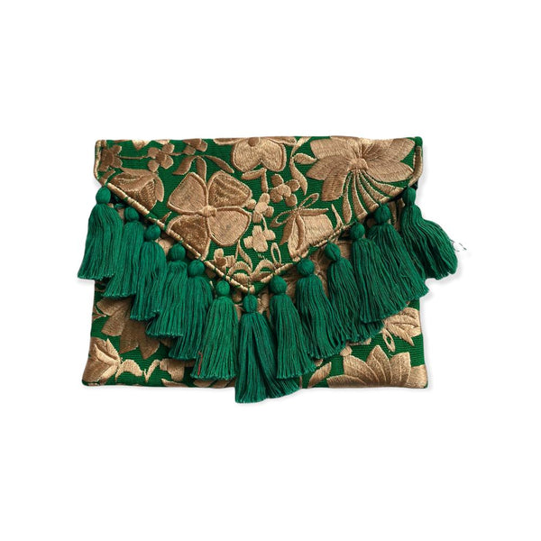 Hand Embroidered Irina Clutch in Green and Ecru