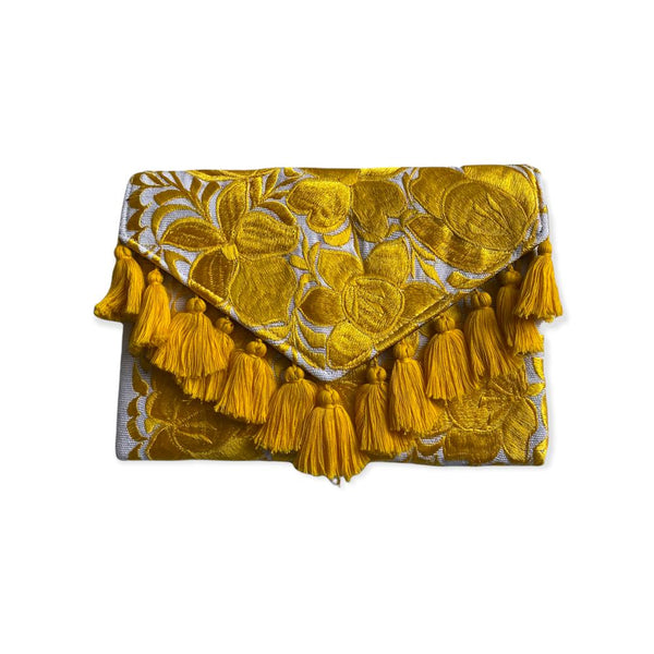 Hand Embroidered Imelda Clutch in White and Gold