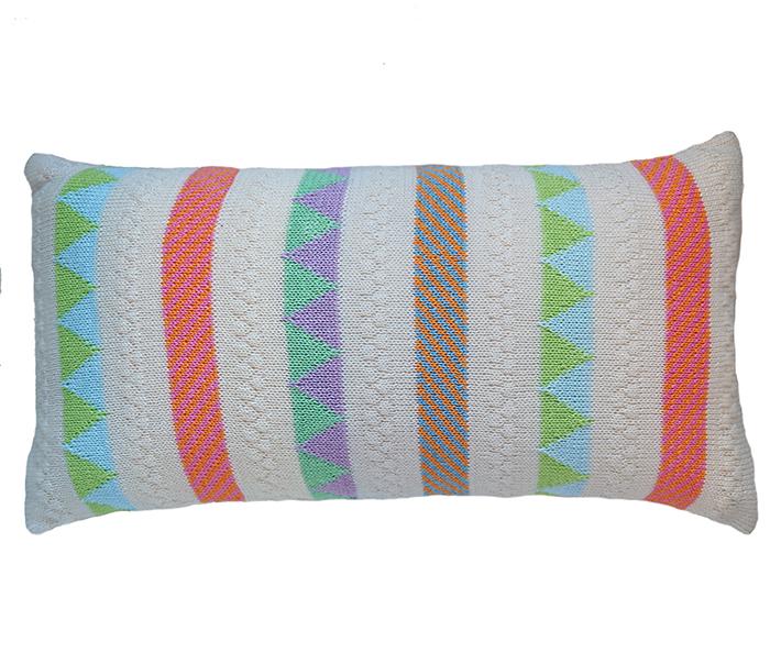 Hand Knitted Ecru Lumbar Pillow with Bright Stripes