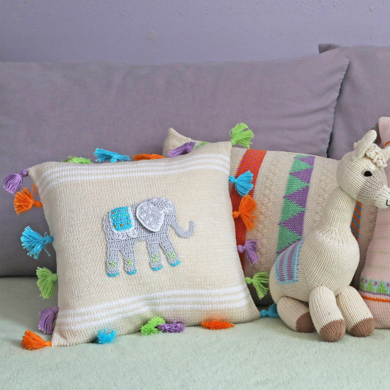 Hand Knitted Elephant 10" Pillow with Tassels