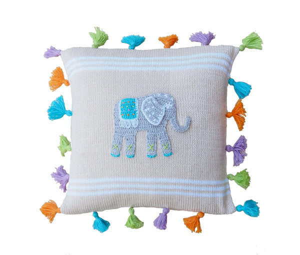 Hand Knitted Elephant 10" Pillow with Tassels