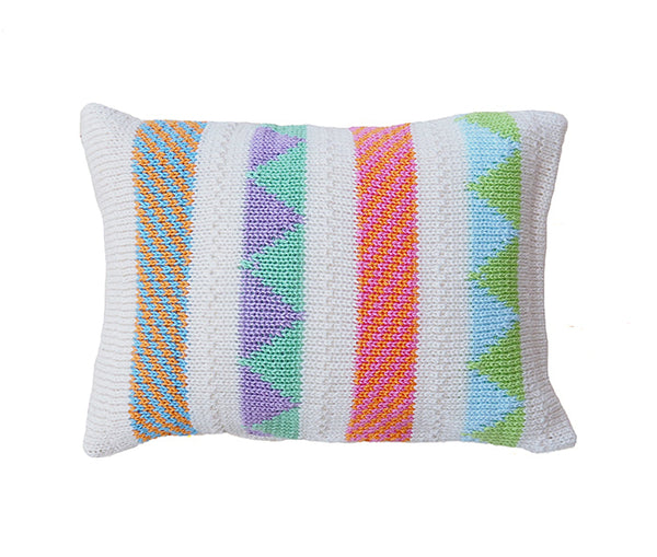 Hand Knitted Ecru Mini Pillow with Bright Stripes