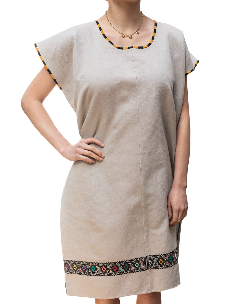 Beige, Black and Yellow Dress Hand-Woven in Loom