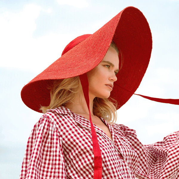 Lola Wide Brim Jute Straw Hat, in Red