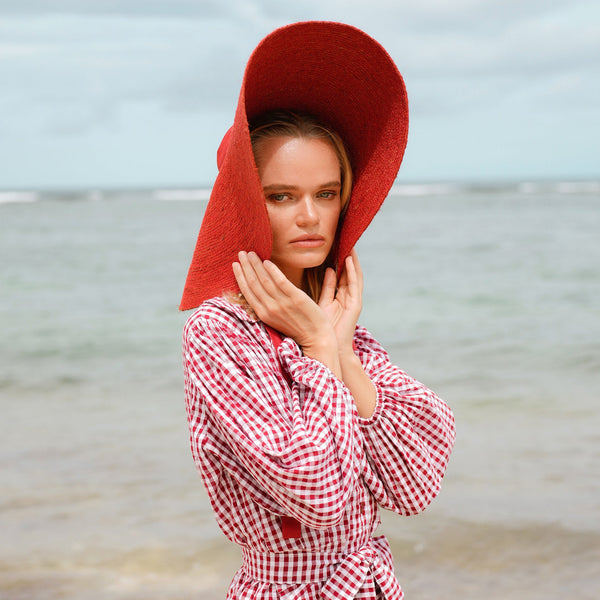 Lola Wide Brim Jute Straw Hat, in Red