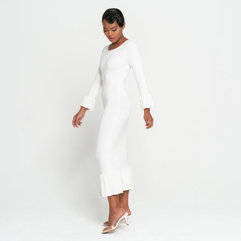 Marjorie Bamboo Ruffle Dress, in Off-white
