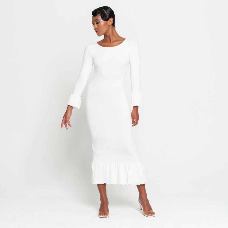 Marjorie Bamboo Ruffle Dress, in Off-white