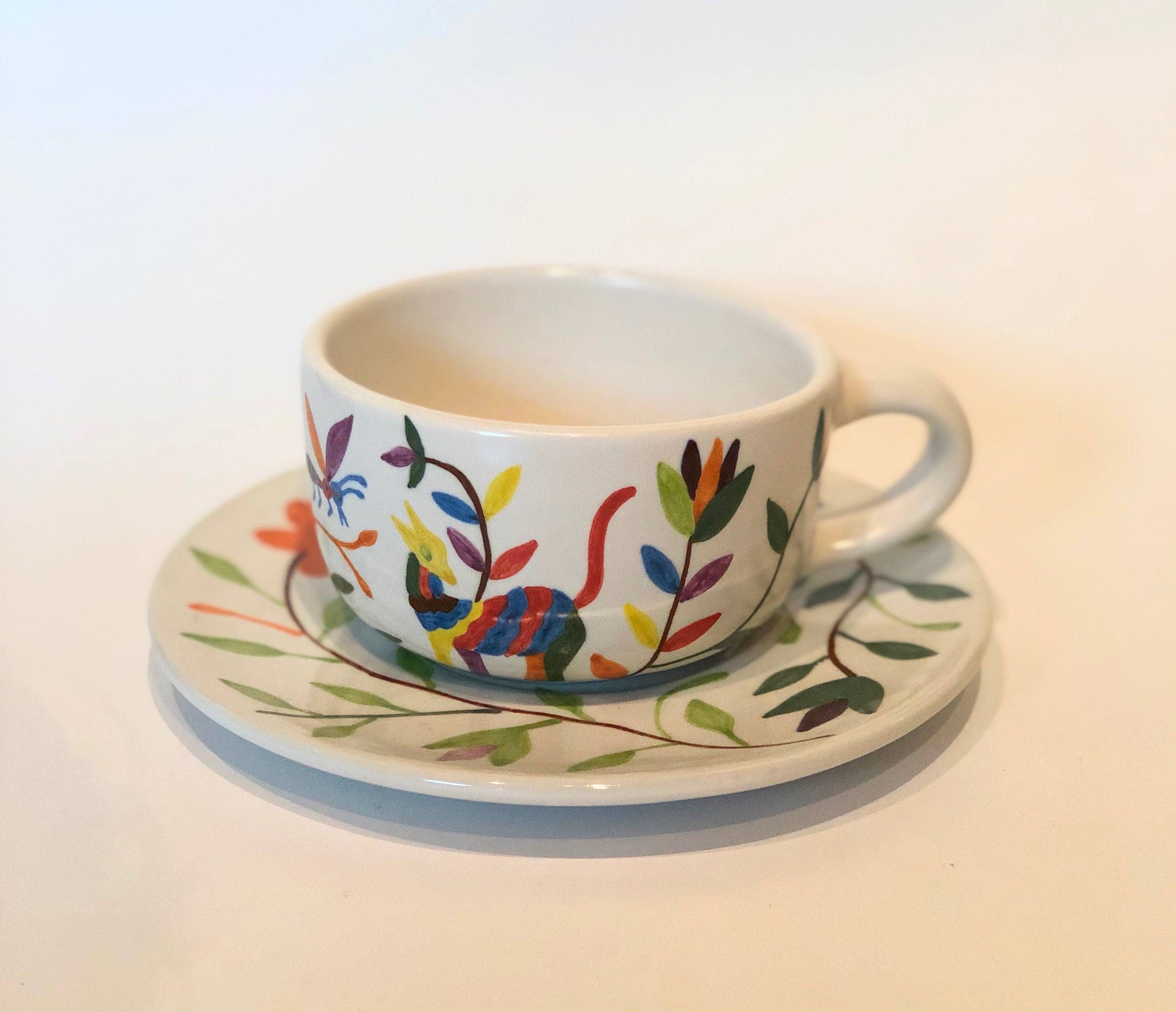 Hand Painted Stoneware Country Coffee Mug and Plate