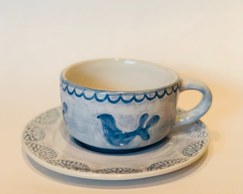 Hand Painted Stoneware Blue Coco Coffee Mug and Plate