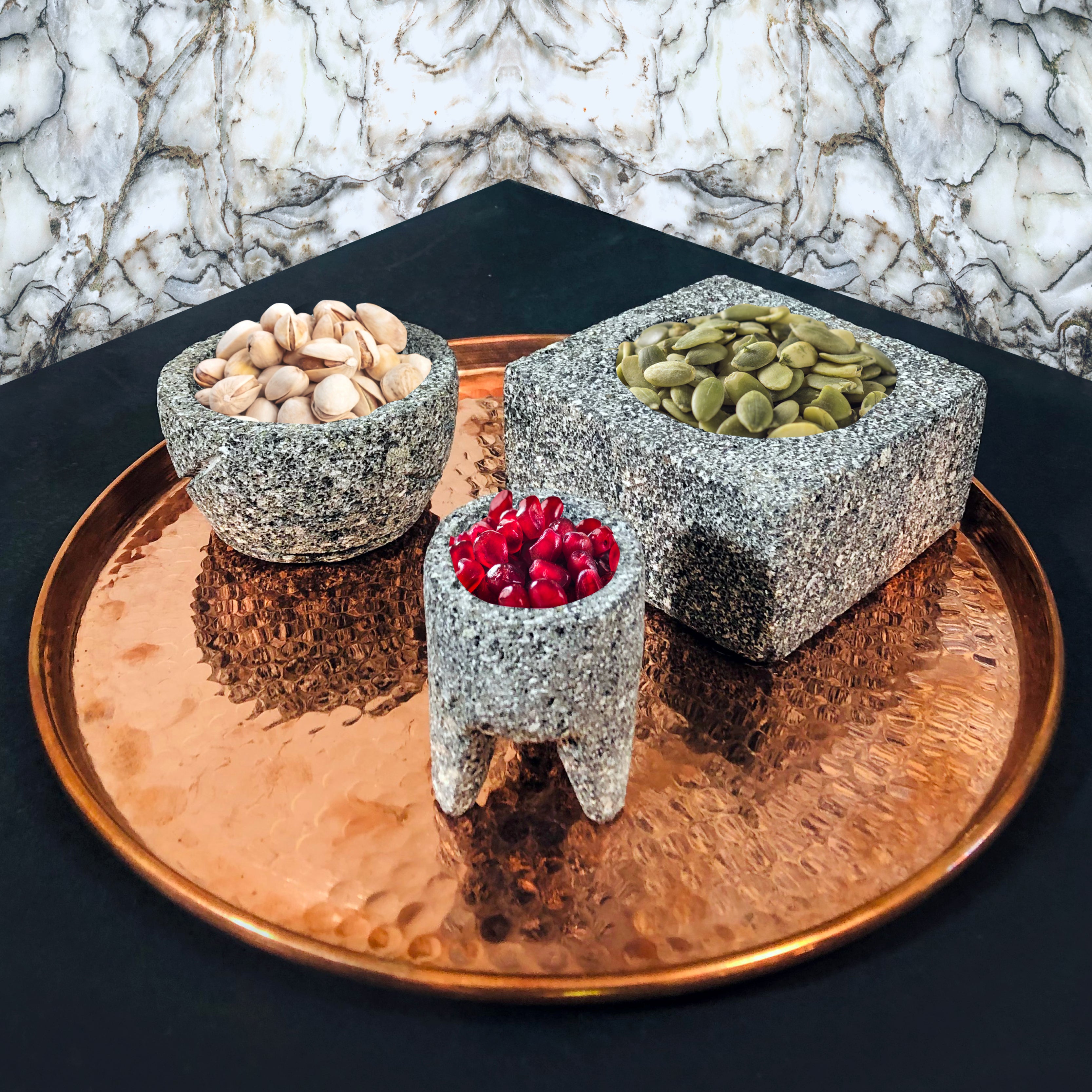 Hand Carved and Polished Volcanic Stone Molcajetes with Copper Tray Set of 3