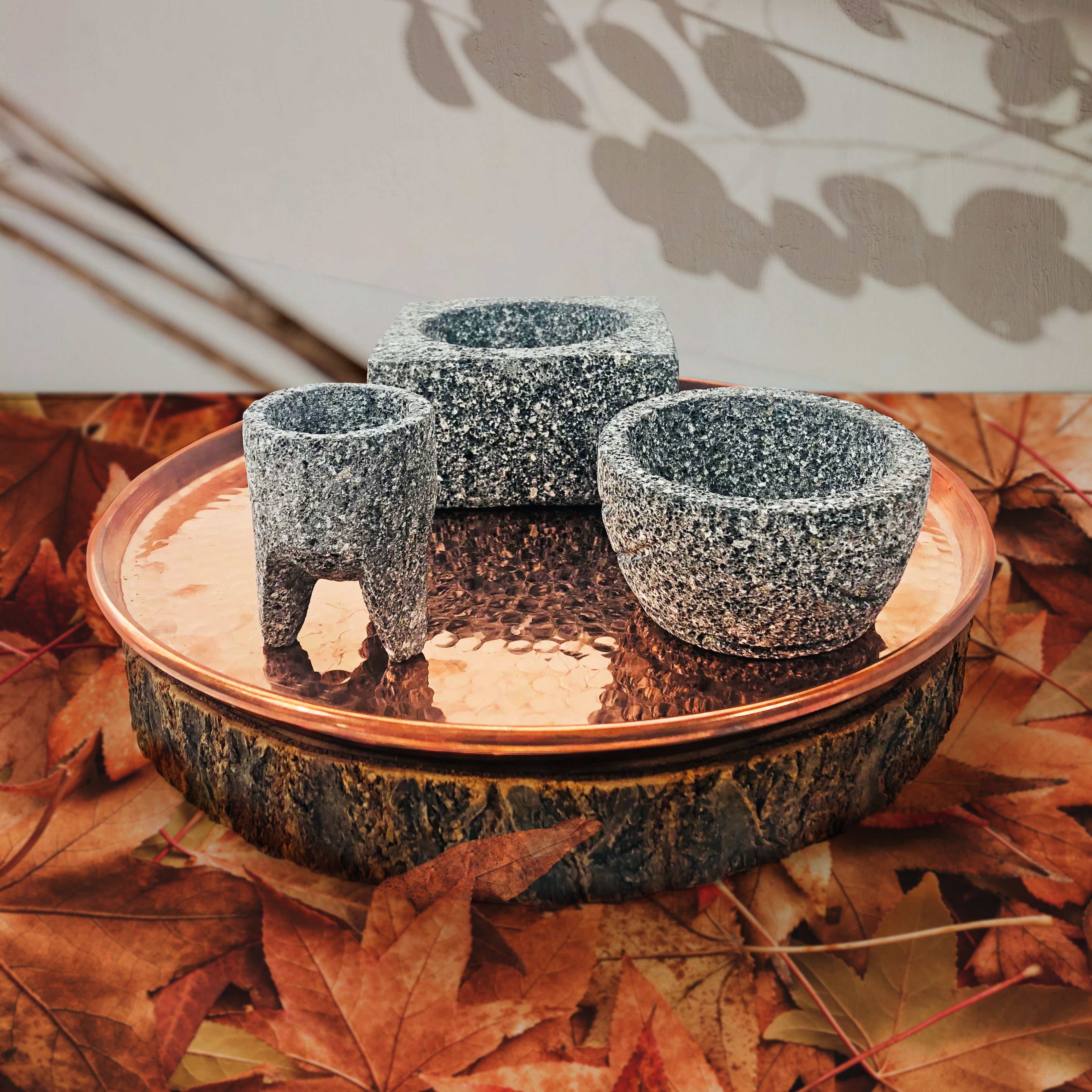 Hand Carved and Polished Volcanic Stone Molcajetes with Copper Tray Set of 3